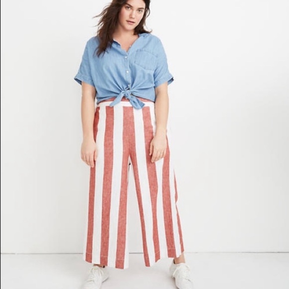 Madewell Pants - NEW Madewell Huston Pull-On Wide Leg Crop Pants Bold Stripe Red Linen Women’s 2X